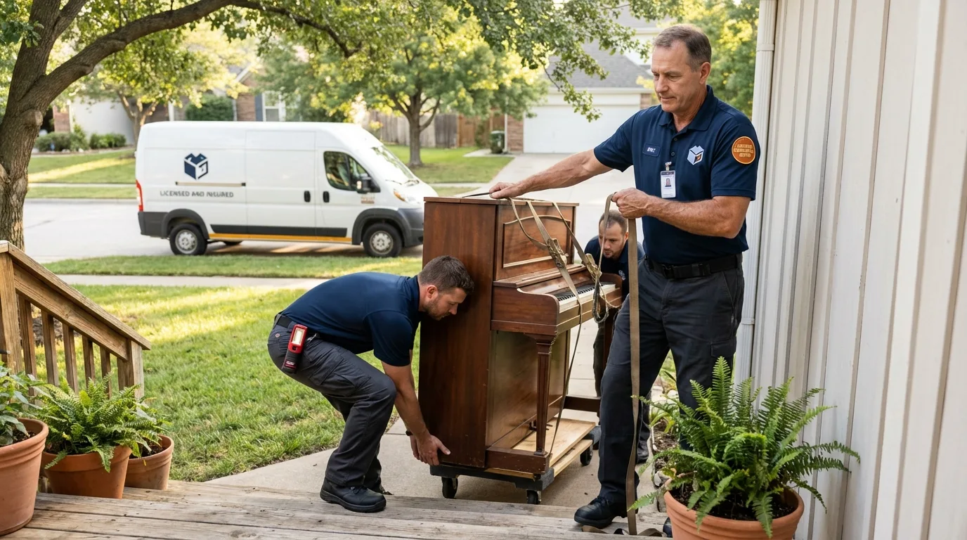 Licensed piano movers securing grand piano in Santa Rosa, CA