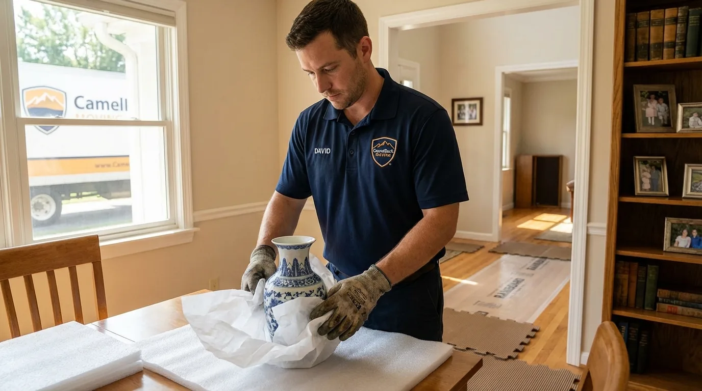 Professional crew carefully wrapping antique vase for senior downsizing move in Santa Rosa, CA